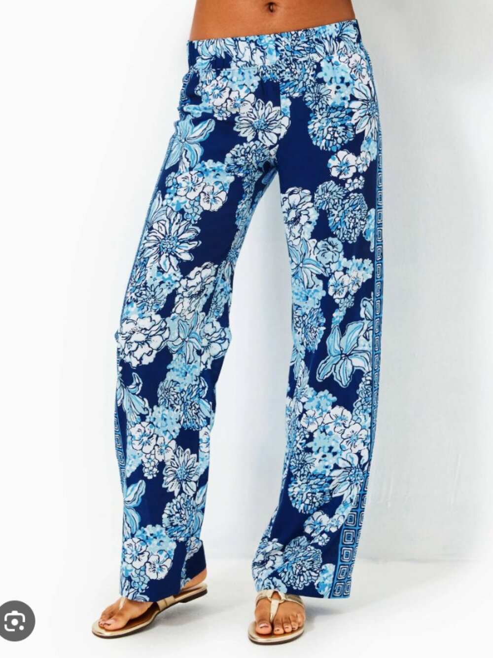 Lilly Pulitzer Bal Harbour Palazzo Pant-Size Large-Low Tide Navy/Bouquet All Day
